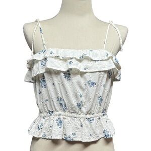 American Eagle Floral Ruffle White Top